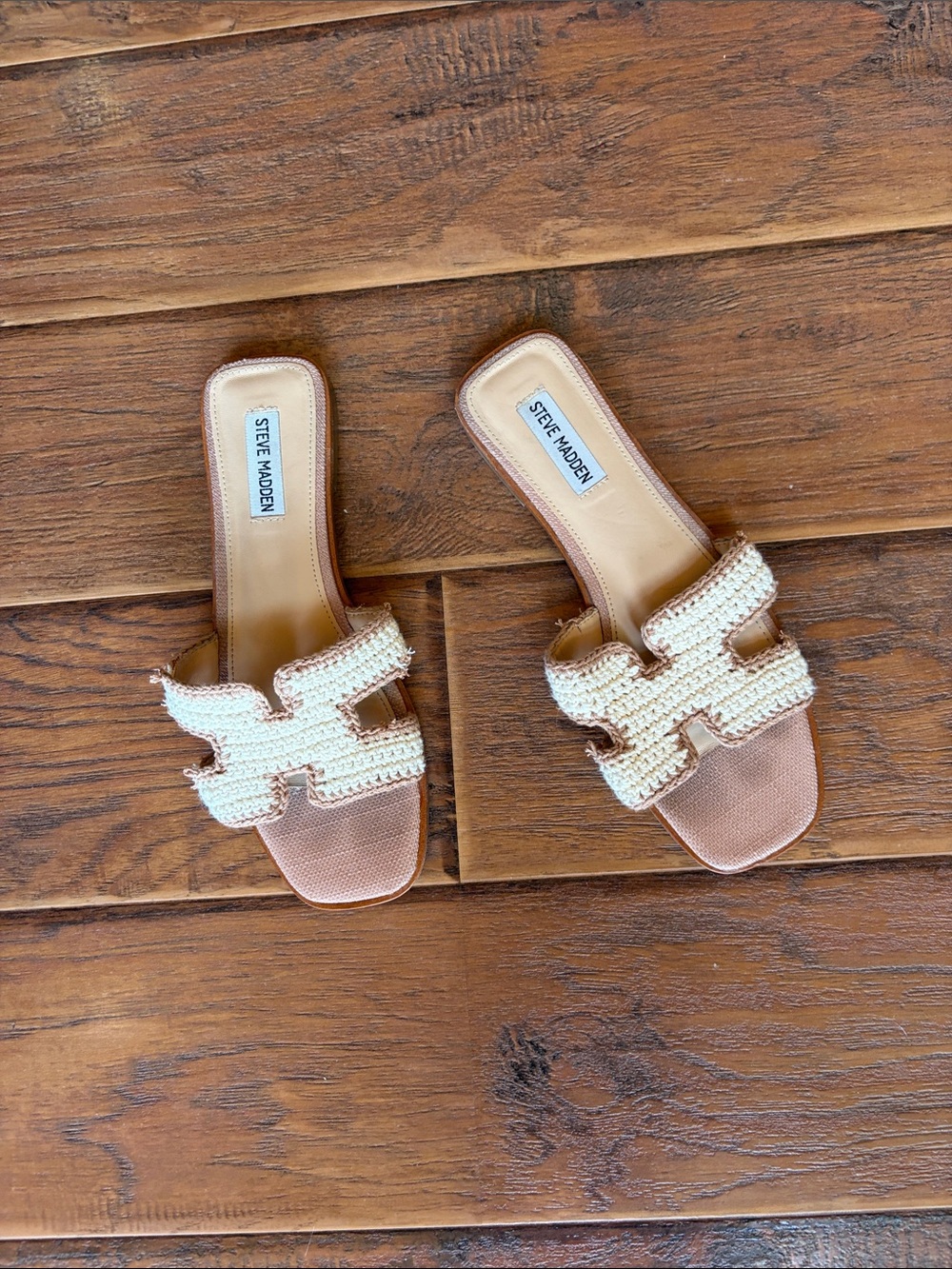 Steve Madden Cream Woven Slide Sandals with Tan Footbed